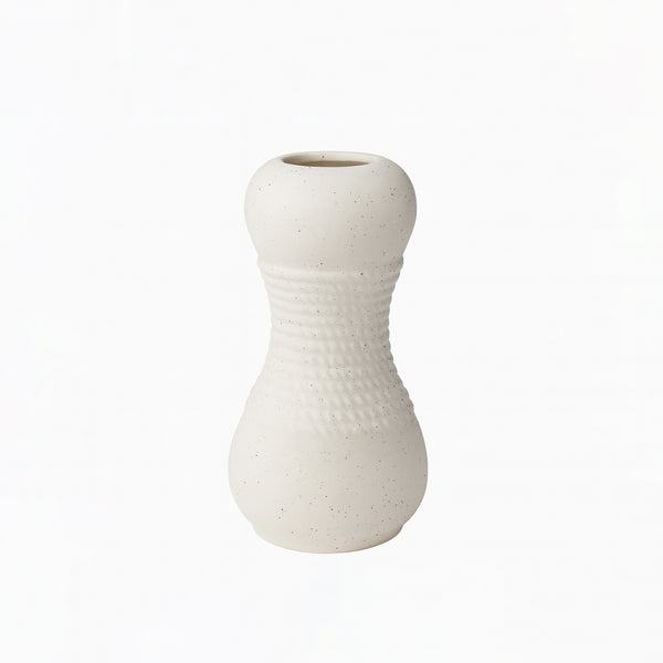 99599-14 Ceramic Flower Vase – Hourglass Speckled Design with Rope Texture – White