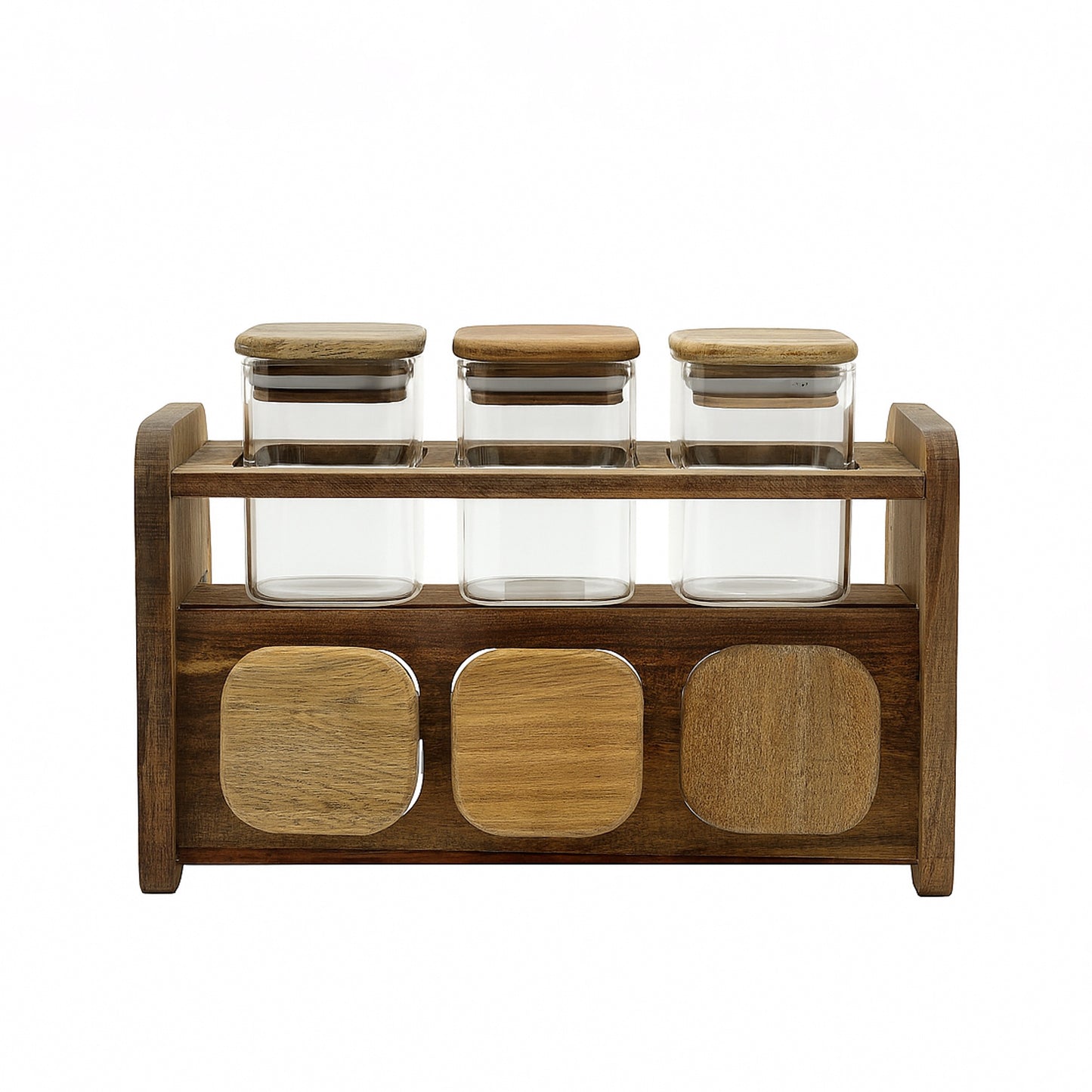 24QMJ-18 – Spice Jar Set – 6 Glass Jars with Square Wooden Lids & Two-Tier Wooden Stand