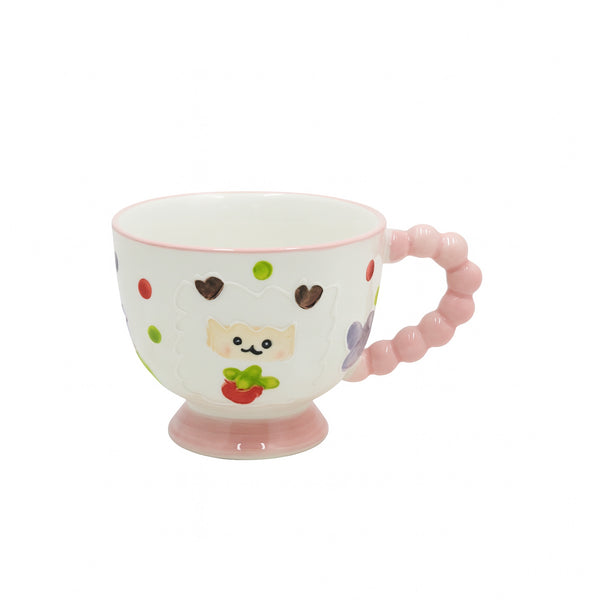 1516-03 Ceramic Mug – Cartoon Cat Design with Pink Handle and Pedestal Base