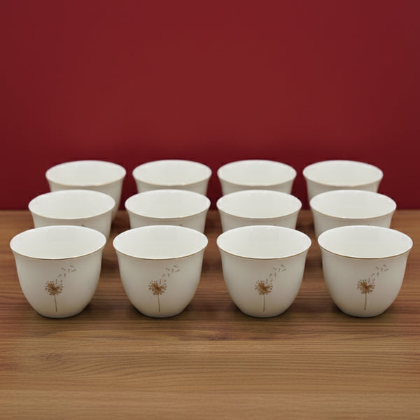 5853G Cawa Cup Set – 12-Piece Elegant White Design with Gold Dandelion Motif & Rim