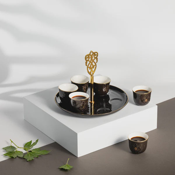 ET2969 Naqsh Cawa Cup Set with Stand & Handle – 7 Pieces – Black & Gold