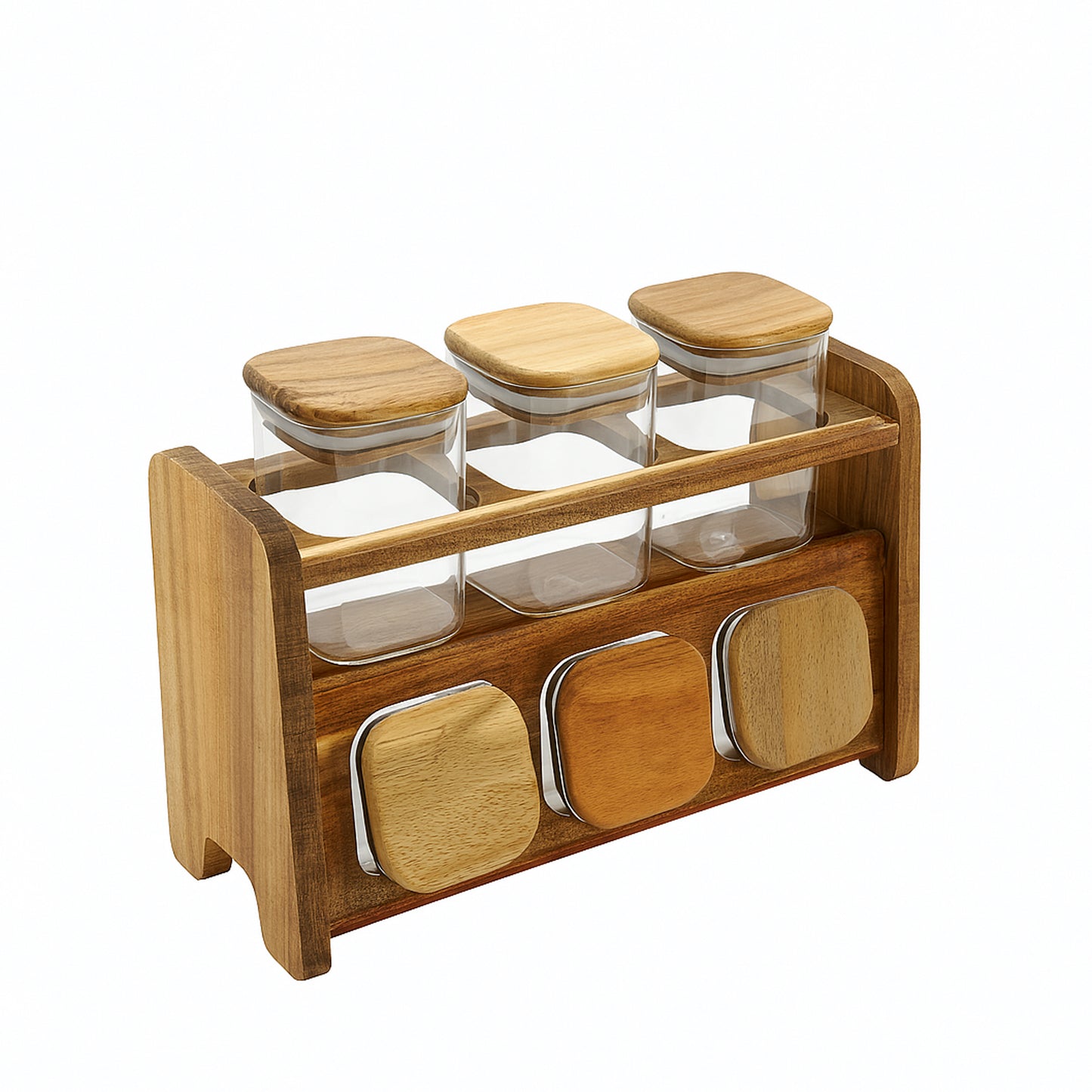 24QMJ-18 – Spice Jar Set – 6 Glass Jars with Square Wooden Lids & Two-Tier Wooden Stand