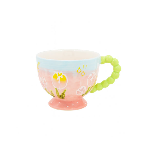 1515-20 Ceramic Mug – Pastel Tulip Design with Green Handle and Pink Pedestal Base