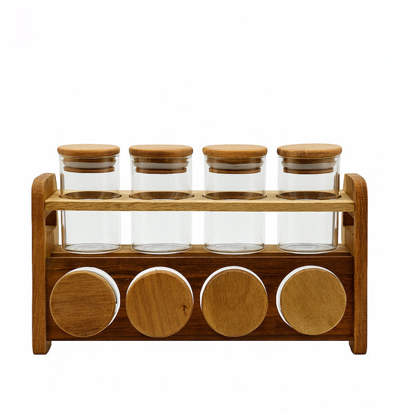 24QMJ-20 – Spice Jar Set – 8 Glass Jars with Round Wooden Lids & Two-Tier Wooden Stand
