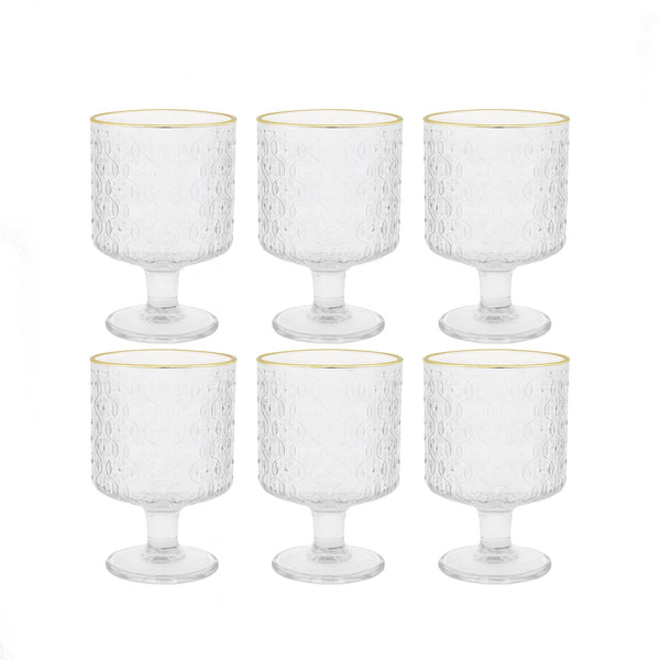MC016-CT Glass Cup Set – 6 Pieces – Clear Textured Goblets with Gold Rim