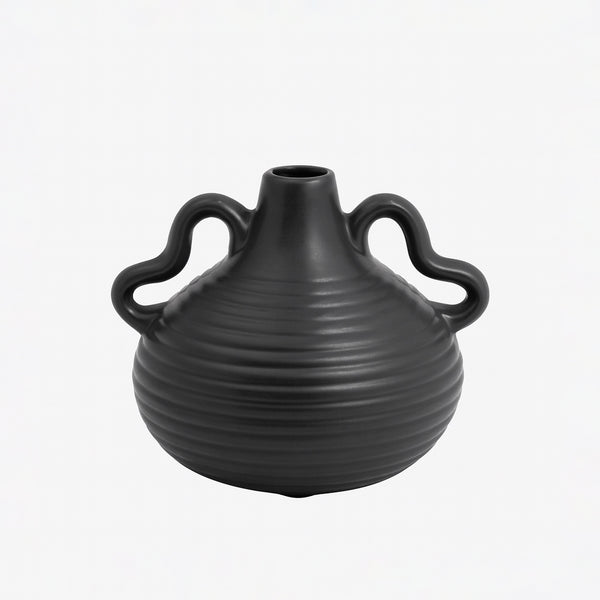 99600-10 Ceramic Vase – 13cm (H) – Black Matte Ribbed Design with Dual Handles