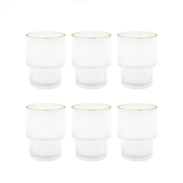 MC113SW-T Glass Tumbler Set – 6 Pieces – Clear Ribbed Design with Gold Rim