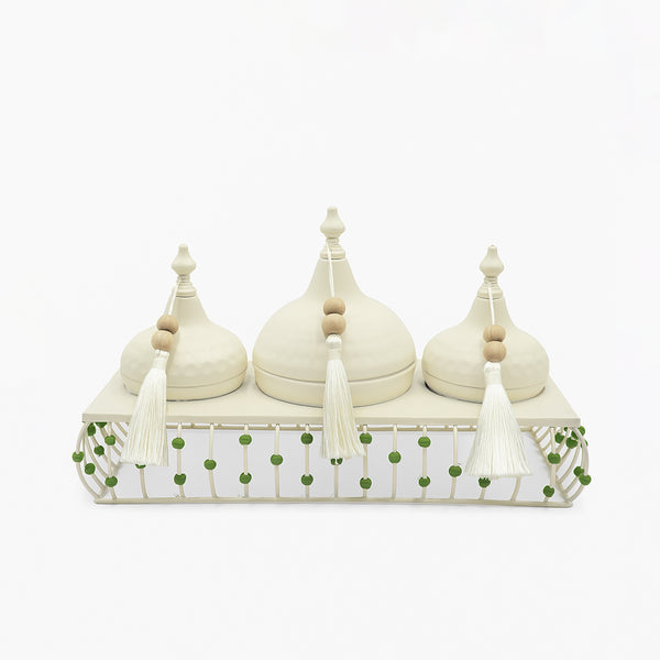 25236-63 – Sweet Bowl 3-Piece Set with Tray – 30cm (W) x 15cm (L) – Cream Design with Dome Lids