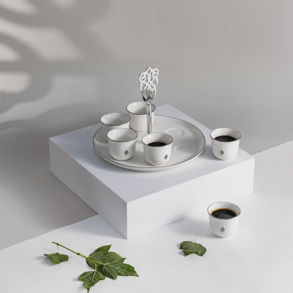 ET2966 Naqsh Cawa Cup Set with Stand & Handle – 7 Pieces – White & Silver