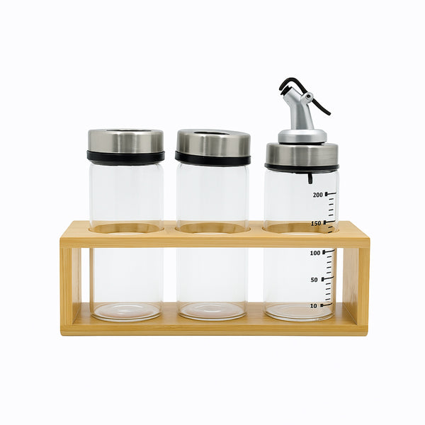 4043 – Bottle Set – 3 Glass Bottles with Stainless Steel Lids & Bamboo Rack
