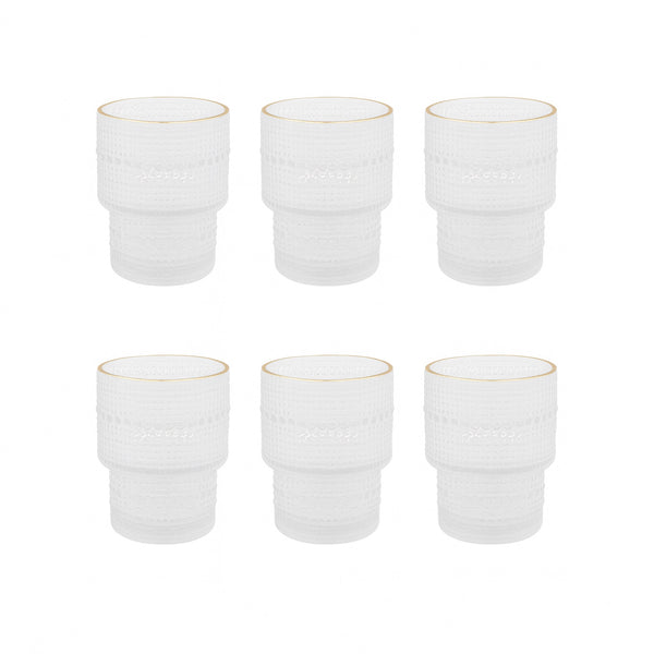 MC113ZD Glass Tumbler Set – 6 Pieces – Clear Textured Design with Gold Rim