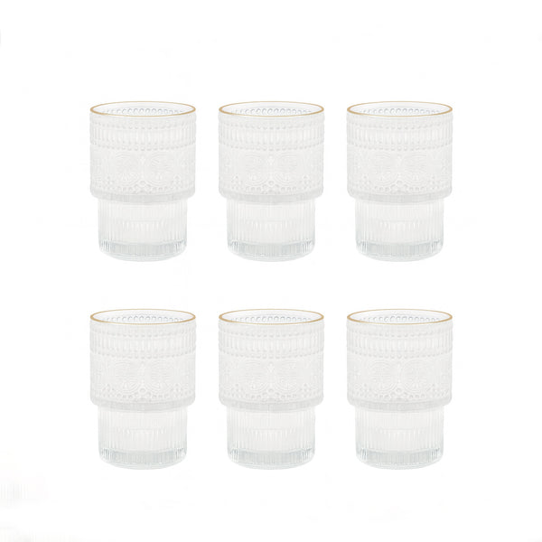 MC113TYH-T Glass Tumbler Set – 6 Pieces – Clear Textured Design with Gold Rim