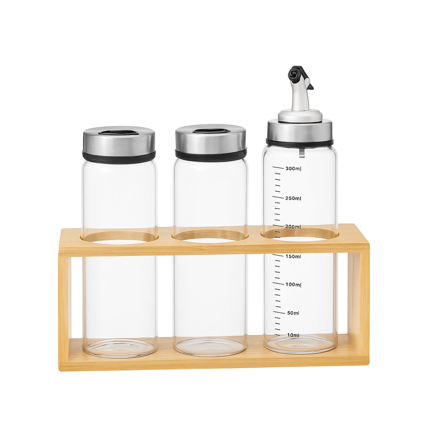 4044 – Bottle Set – 3 Glass Bottles with Stainless Steel Lids & Bamboo Rack