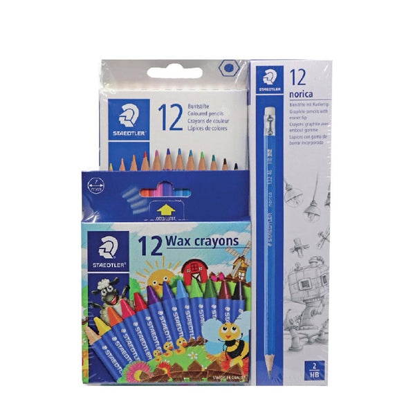 STP-PACK-413-A Staedtler Norica Pencil + Colour Pencil 12 Pieces  + Wax Crayons 12 Pieces  – 3-in-1 Pack