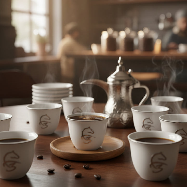Café setting with white cups and a teapot on a wooden table.