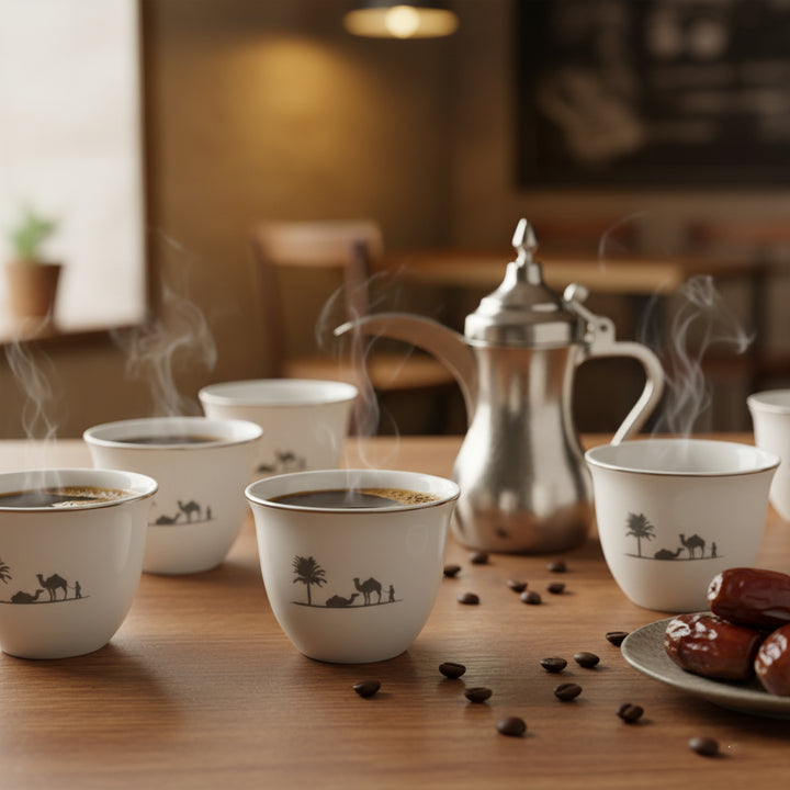 Steaming coffee cups with a silver teapot on a wooden table.