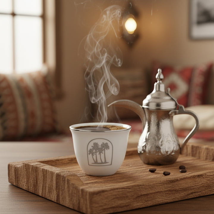 Steaming coffee cup with a decorative teapot on a wooden tray in a cozy room.