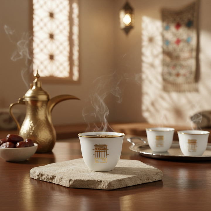 Steaming coffee cup with a gold emblem on a stone coaster, surrounded by a brass teapot and more cups in a warm setting.