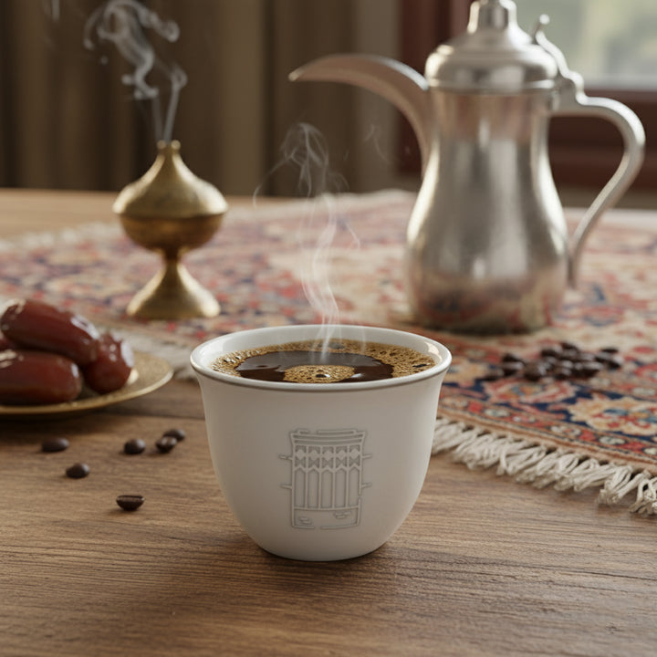 Steaming cup of coffee on a wooden table with a teapot and dates in the background.