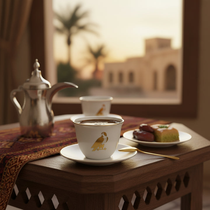 Cup of coffee with a saucer and teapot on a wooden table with a scenic background