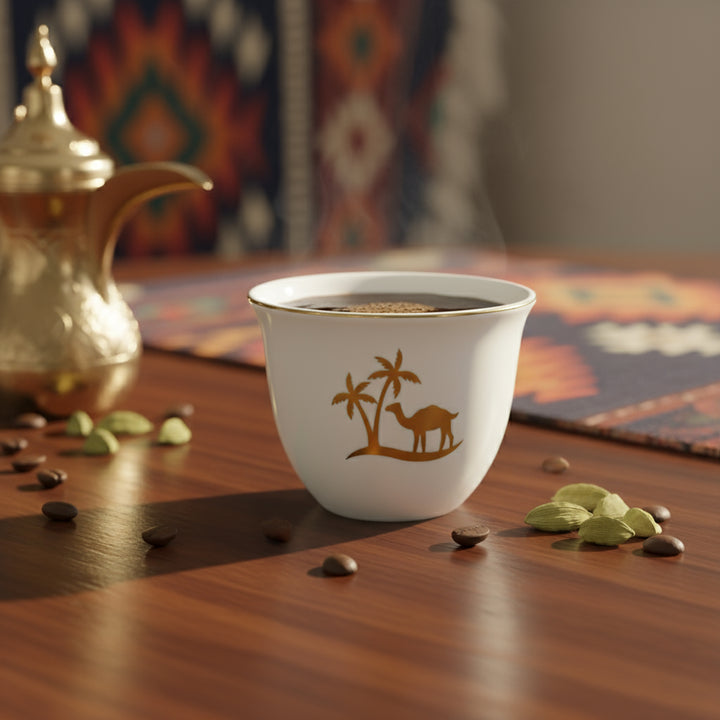 White cup with camel design on a wooden table with coffee beans and a teapot.