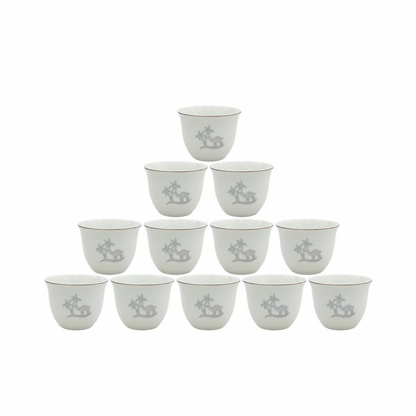 Set of twelve white ceramic cups with gray horse design arranged in a pyramid formation on a white background.