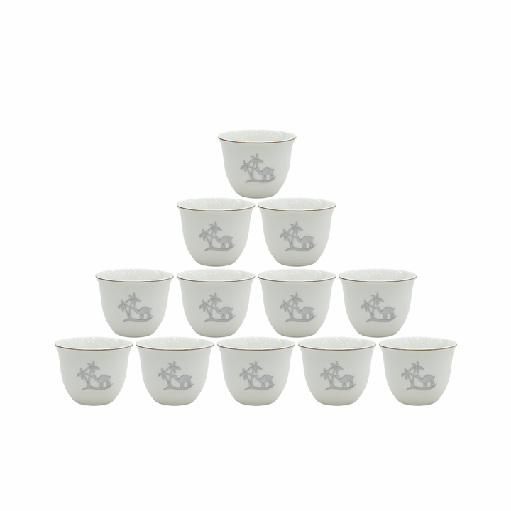 Set of twelve white ceramic cups with gray horse design arranged in a pyramid formation on a white background.