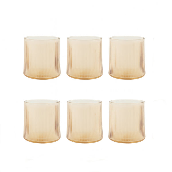 NE-33405-P Glass Cup Set – 6 Pieces – Amber Ribbed Design