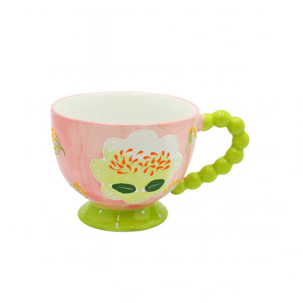 1516-19 Ceramic Mug – Pink Floral Design with Green Handle and Pedestal Base