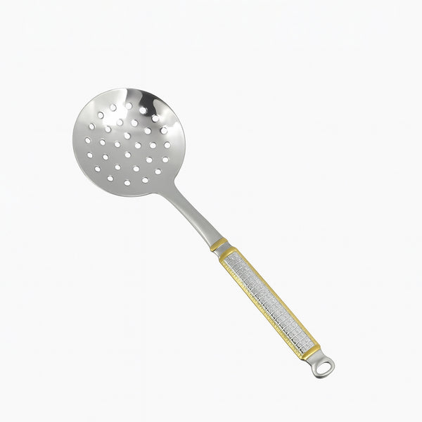 CUT0010298 Stainless Steel Skimmer – Small – Silver with Gold Accent Handle