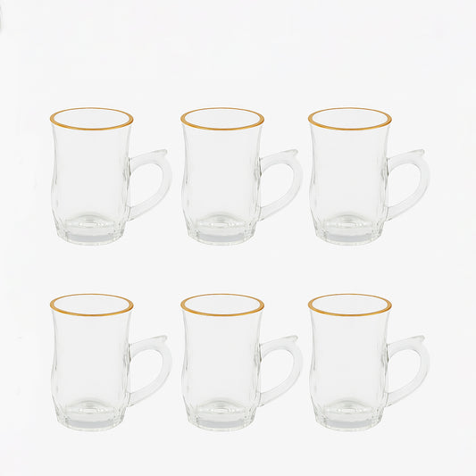 VG297W – Glass Tea Cup – 6-Piece Set – Clear Tea Cups with Handle & Gold Rim