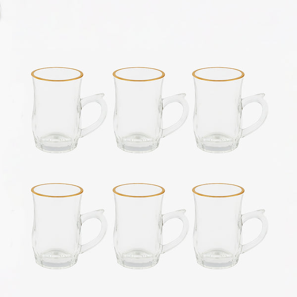 VG297W – Glass Tea Cup – 6-Piece Set – Clear Tea Cups with Handle & Gold Rim