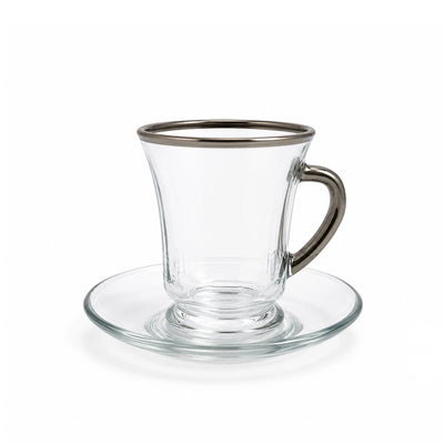 GLC20-S Tea Glass Cup & Saucer Set – 12 Pieces – Clear Glass Cups with Silver Rim