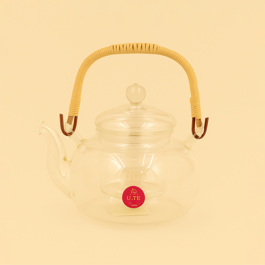 81122-17 – Glass Tea Pot with Rattan Handle – Clear – Traditional Style