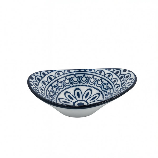 D03-093 – Ceramic Oval Deep Dish 10×7.3×3.5 cm – Blue Arabesque Pattern