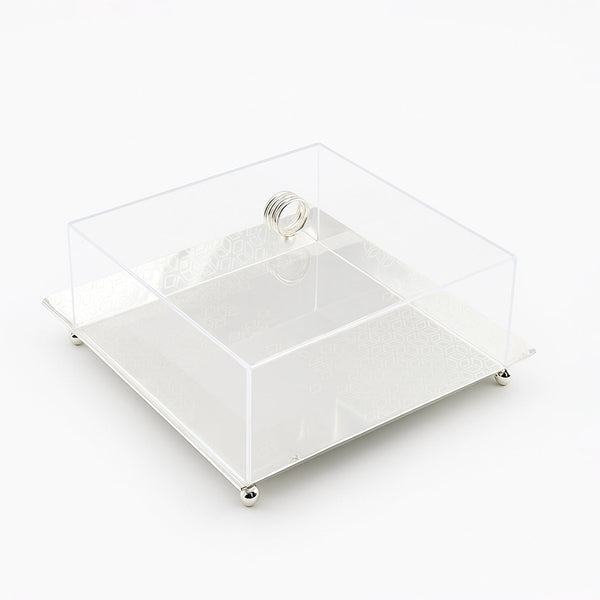 VK1005S  –  Acrylic Serving Tray with Lid – Silver – 28cm (L) x 28cm (W) x 10cm (H)