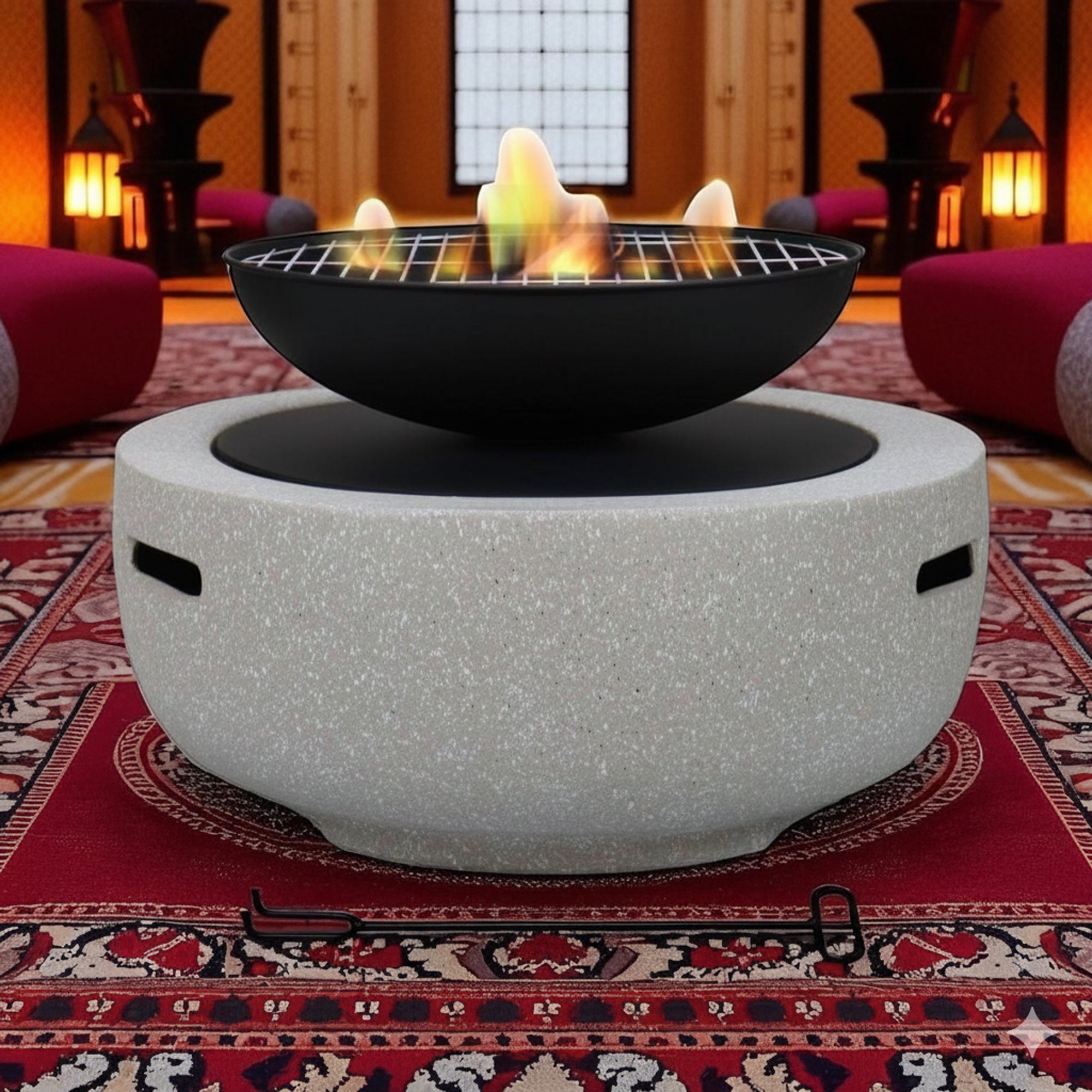 R17S0383S-9-002 شواية خارجية VIP مع حفرة نار - 60 × 60 × 36.5 سم - تصميم دائري على شكل حجر