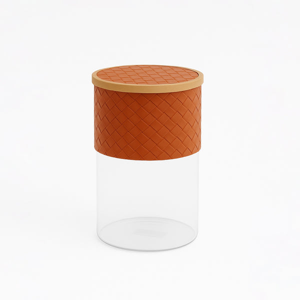 Glass Storage Jar with Brown Leather Wrap & Wooden Lid