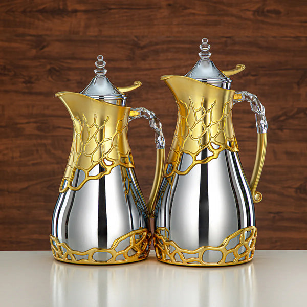 VBC Vacuum Flask 2-Piece Set – Polished Silver with Matt Gold Finish – 0.7L & 1L – Elegant Insulated Hot & Cold Beverage Container