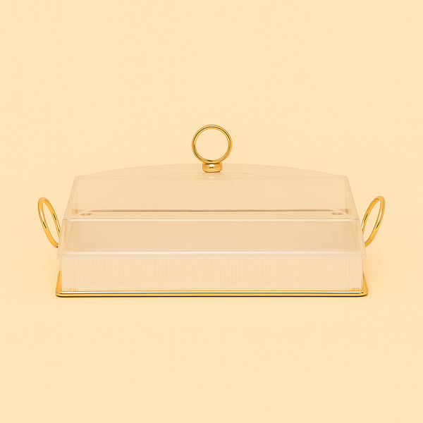 CD-7462 Acrylic Serving Tray with Lid – 40 cm (W) x 27 cm (L) – Gold Accents – CD-7462