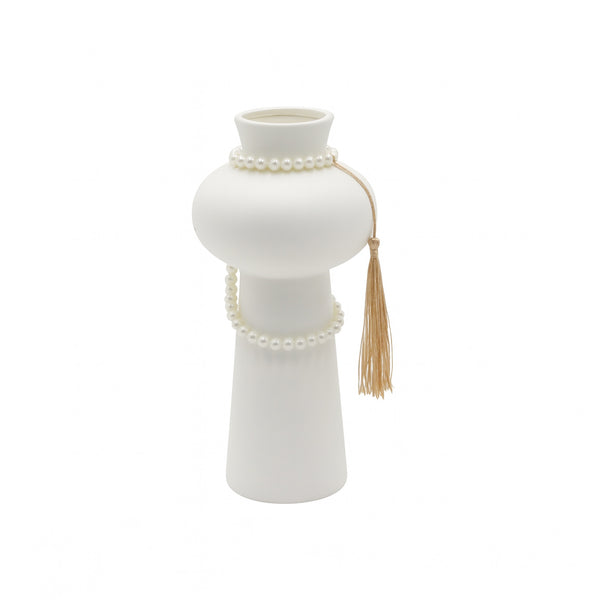 99601-02 Ceramic Flower Vase – Tall Modern Design with Pearl & Tassel Accent – White