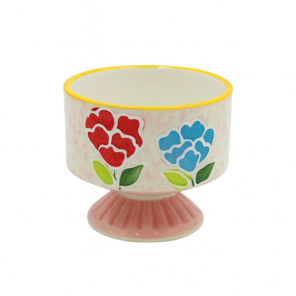 1513-10 Ceramic Ice Cream Cup – Red & Blue Floral Design on Pink Pedestal Base