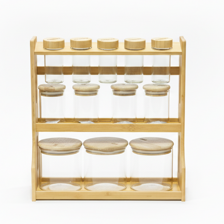 Wooden spice rack with glass jars and wooden lids on a white background