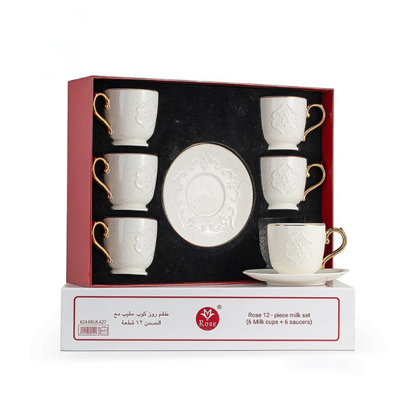 Set of white milk cups with gold handles and saucers in a decorative box, featuring the Rose brand.