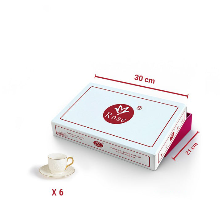 Rose tea box with dimensions and a cup on a white background