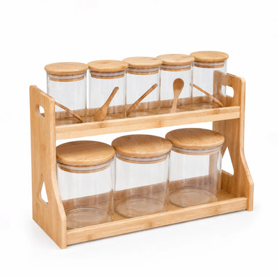 6264 Glass Storage Spice Jar Set 8-Piece Glass Jars with Bamboo Lids Wooden Spoons and Bamboo Organizer Stand Siddiq Gifts