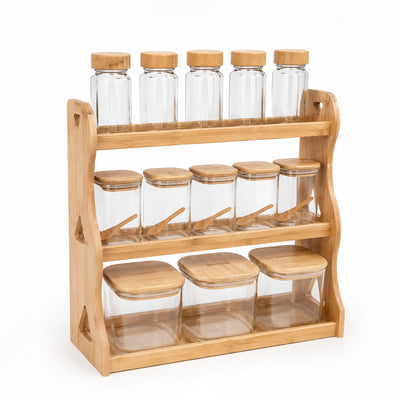 6267 Glass Storage Spice Jar Set 13-Piece Glass Jars with Bamboo Lids Wooden Spoons and 3-Tier Bamboo Organizer Stand Siddiq Gifts