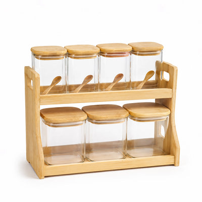 6268 Glass Storage Spice Jar Set 8-Piece Clear Glass Containers with Bamboo Lids Wooden Spoons and Bamboo Stand Siddiq Gifts
