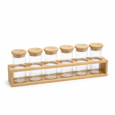 6271 Glass Storage Spice Jar Set 6-Piece Clear Glass Jars with Bamboo Lids and Organizer Stand Siddiq Gifts