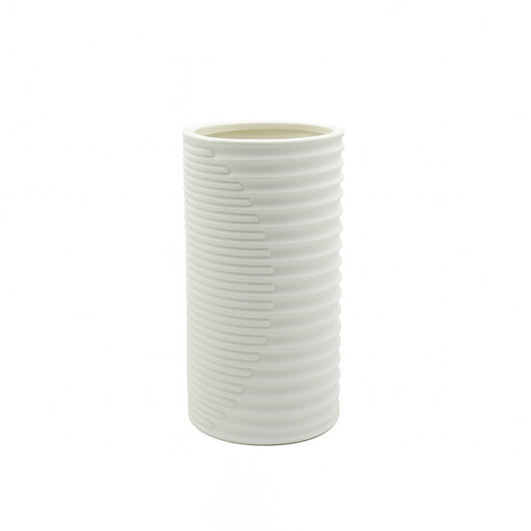 99601-03 Ceramic Flower Vase – Tall Cylindrical Ribbed Design – White